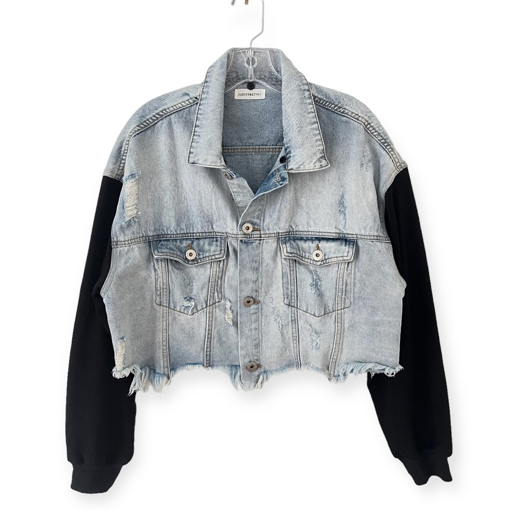 Dance & Marvel Denim Distress Oversized Crop Jacket Fabric Contrast  (R1)